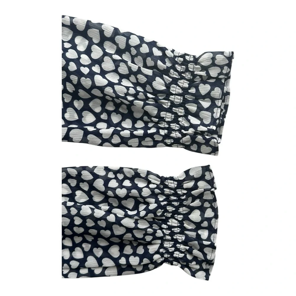 J.CREW Womens Size M White Navy Blue Pintuck Heart Print Popover‎ Blouse Top